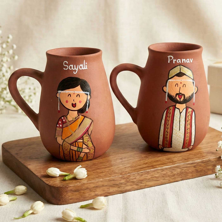 2 Pc | Gujarati Couple Personalized Handpainted Terracotta Mug | 450 ml