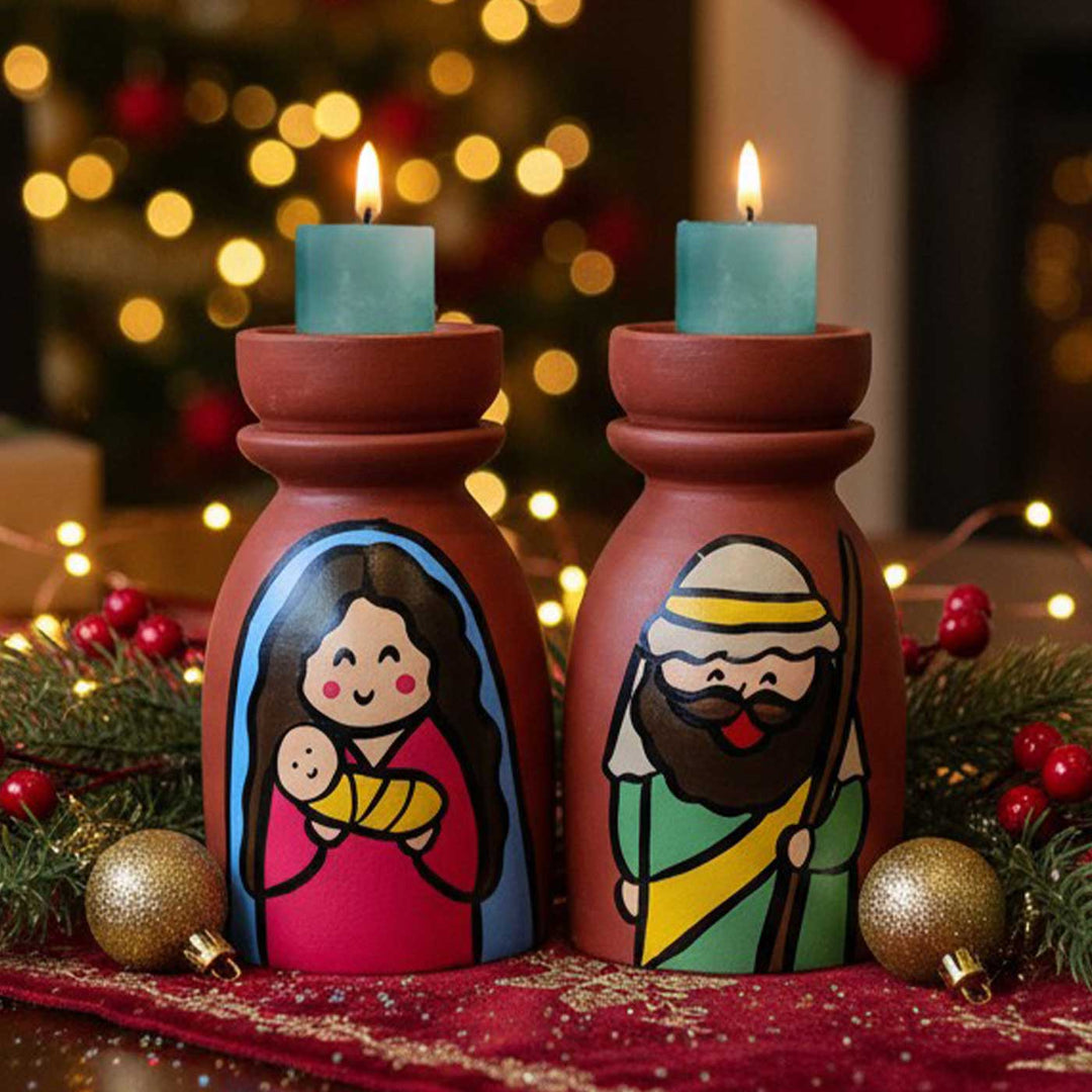 Hand-Painted Mother Mary And Joesph Terracotta Candle Holders For Christmas Decoration | Set Of 2