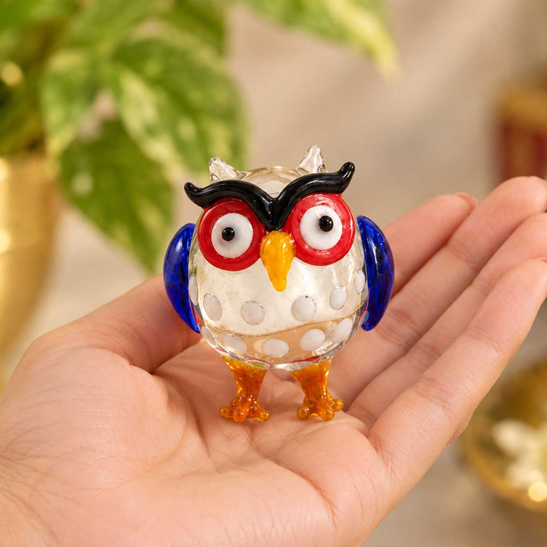 Handmade Blown Glass Spotted Owl Miniature Figurine For Decor