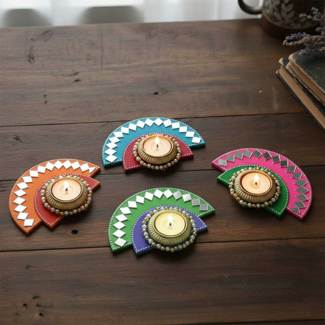 Handmade Mirror Work Semi Circle Wooden Tealight Holder With Tealight Candle | Set Of 4