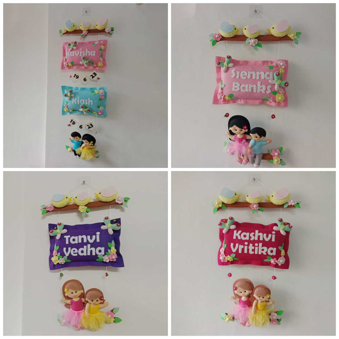 Hand Stitched Pillow Bird Themed Felt Kids Nameplate With Swing For Siblings - Four Variations Hanging on Wall
