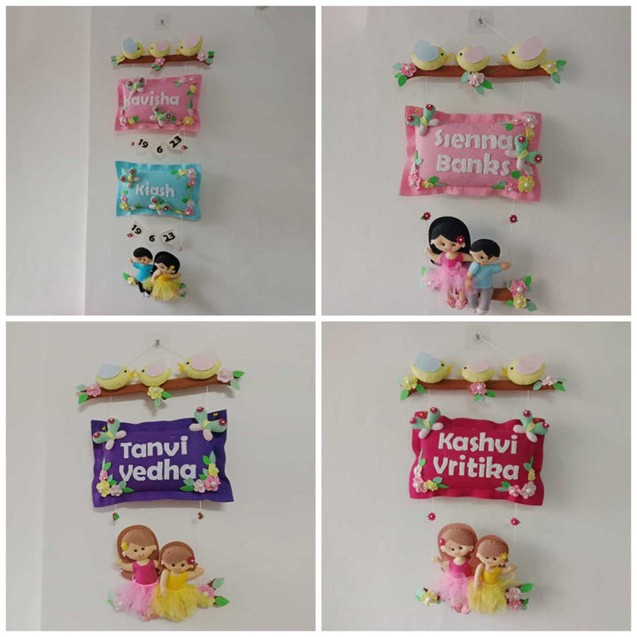 Hand Stitched Pillow Bird Themed Felt Kids Nameplate With Swing For Siblings - Four Variations Hanging on Wall