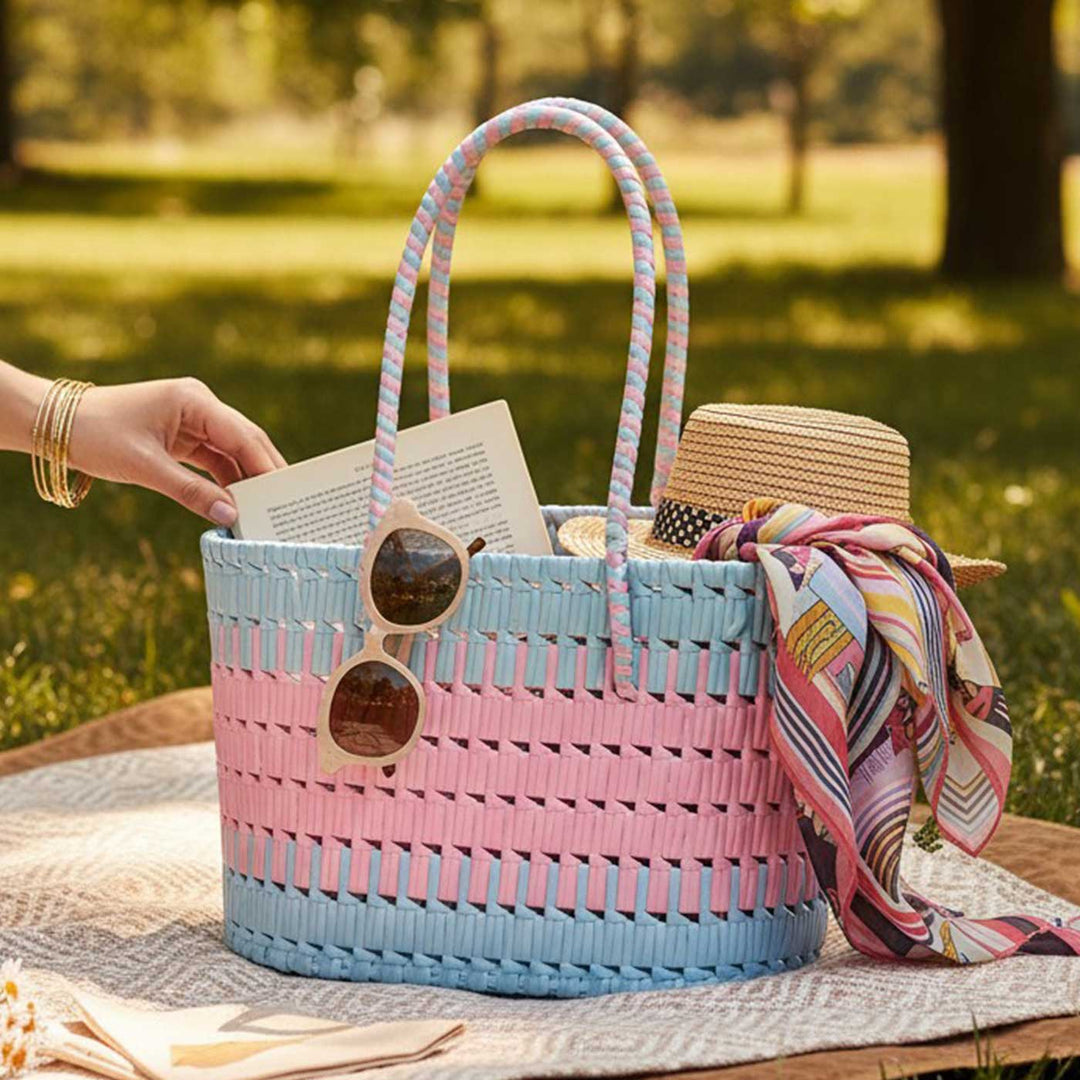 Handmade Traditional Plastic Tape Wire Pink And Light Blue Koodai Lunch Bag