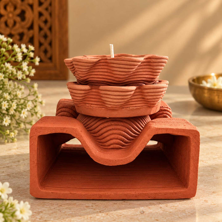 3D Printed Terracotta Tealight Diya With Base Stand For Festive Decor