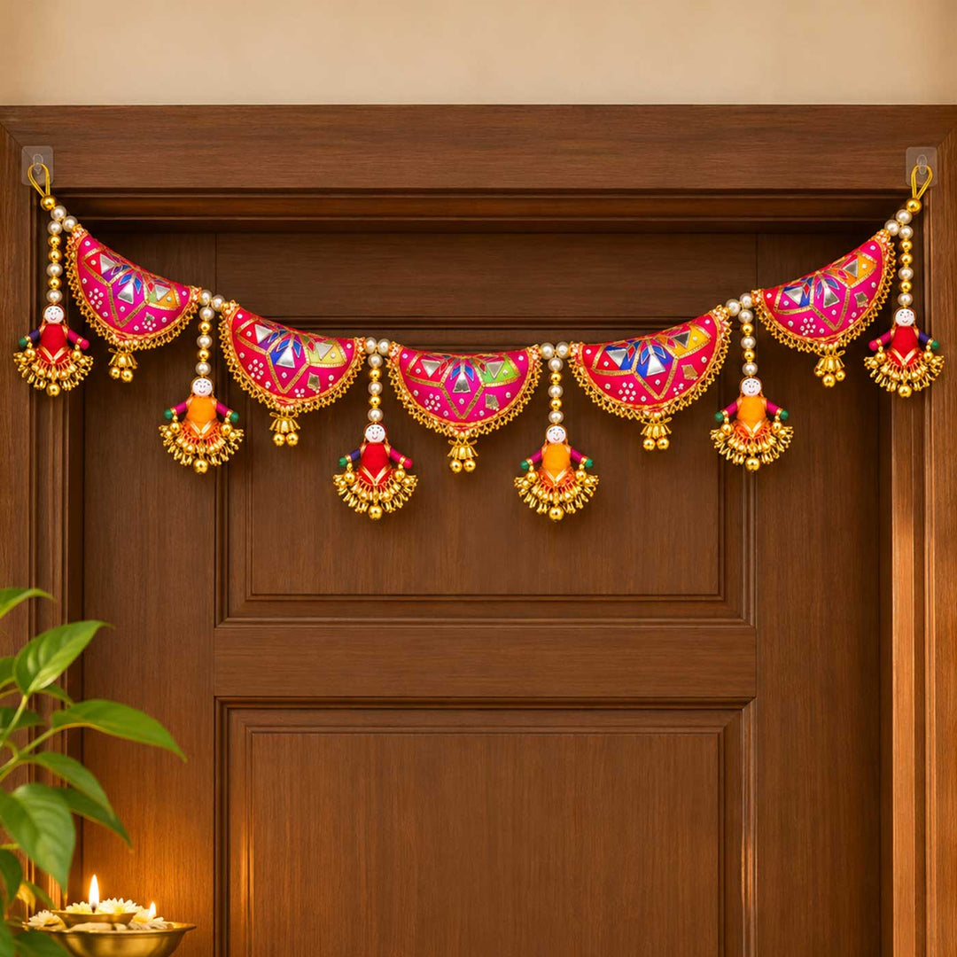 42 Inch | Handcrafted Puppet Gota Patti Silk Toran With Pearls & Ghungroo - Rani Pink