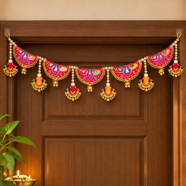 42 Inch | Handcrafted Puppet Gota Patti Silk Toran With Pearls & Ghungroo - Rani Pink