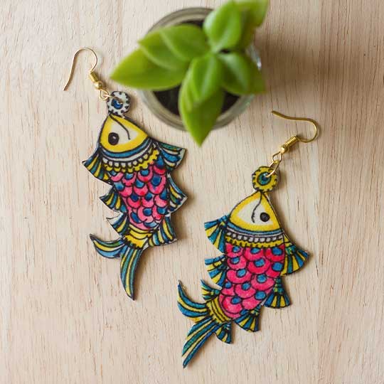 Hand-Painted Multicolour Fish Shaped Leather Earrings