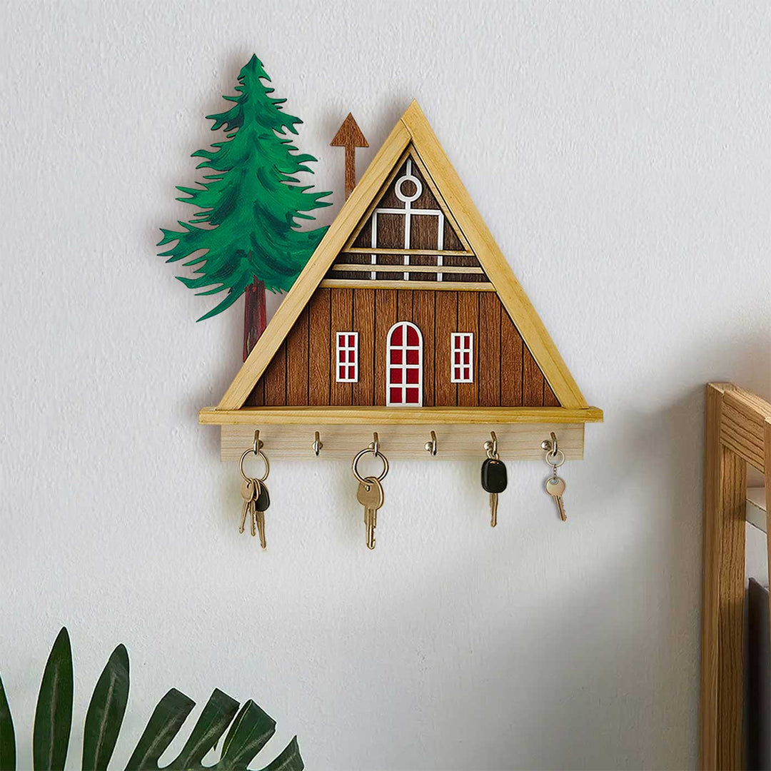 Hut And Tree Theme Wooden Key Holder | With 6 Hooks