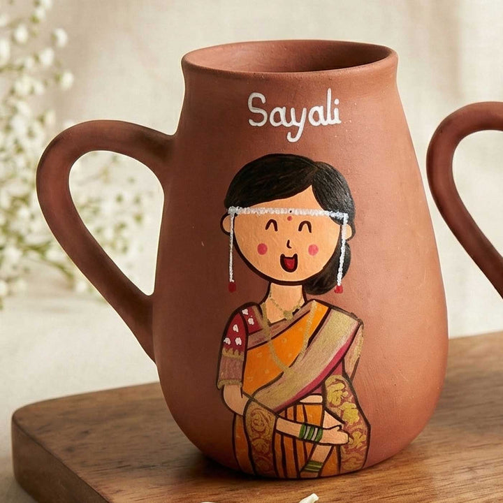 2 Pc | Gujarati Couple Personalized Handpainted Terracotta Mug | 450 ml