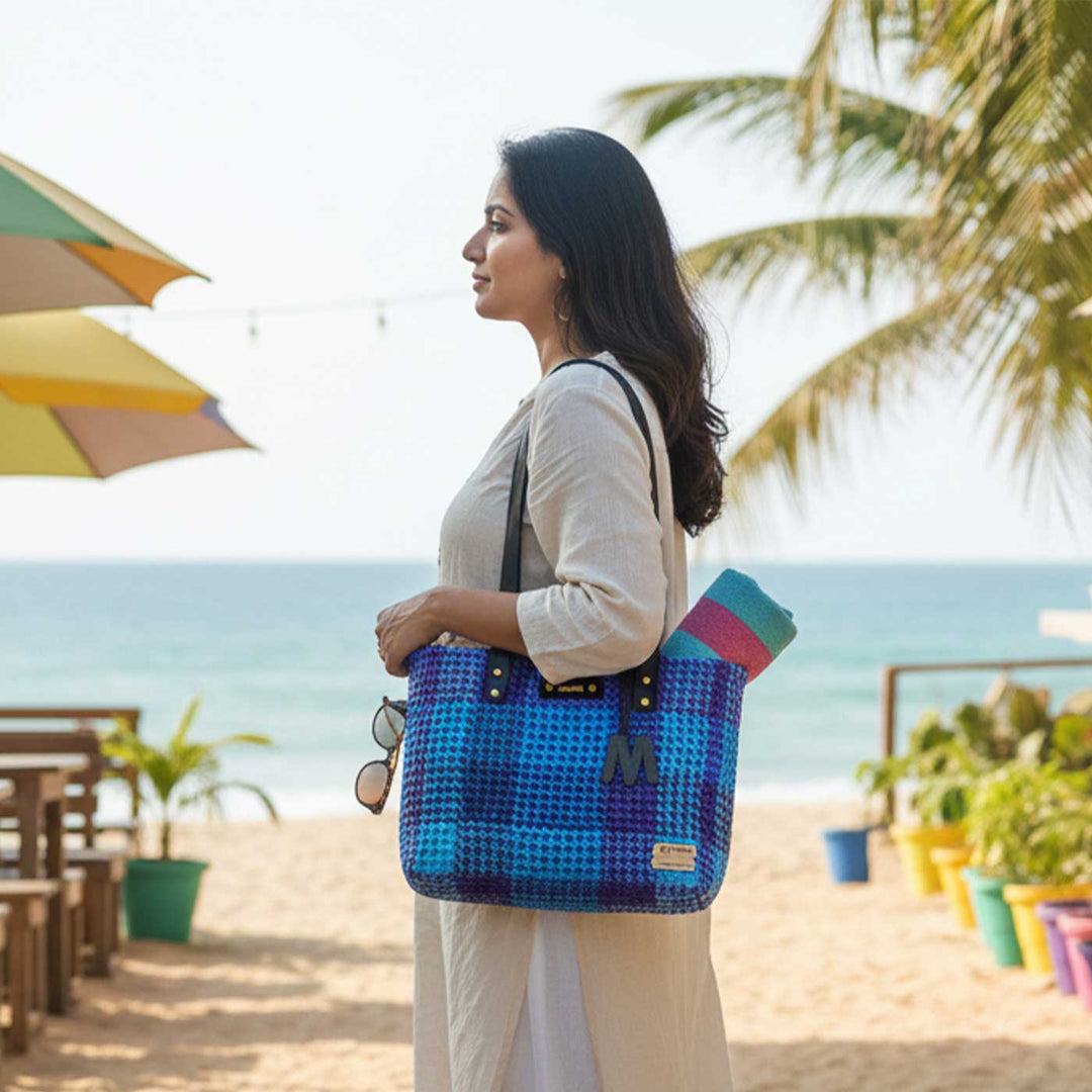 Blue Shades Checkered Handmade Wire Koodai Tote Bag