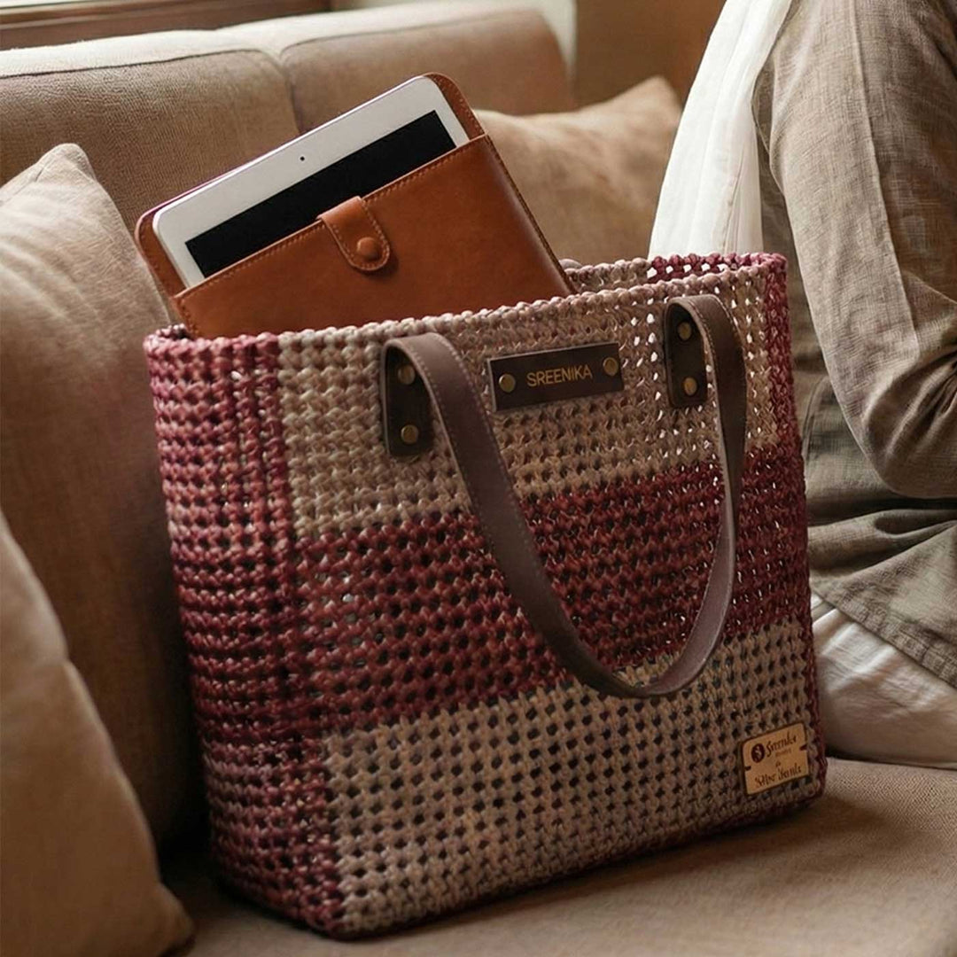 Grey And Brown Horizontal Stripes Handmade Wire Koodai Tote Bag