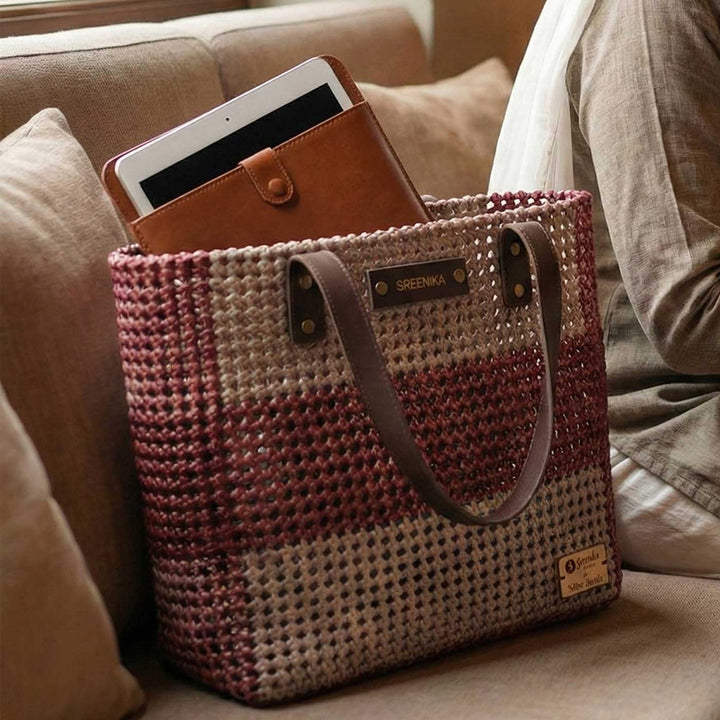 Grey And Brown Horizontal Stripes Handmade Wire Koodai Tote Bag