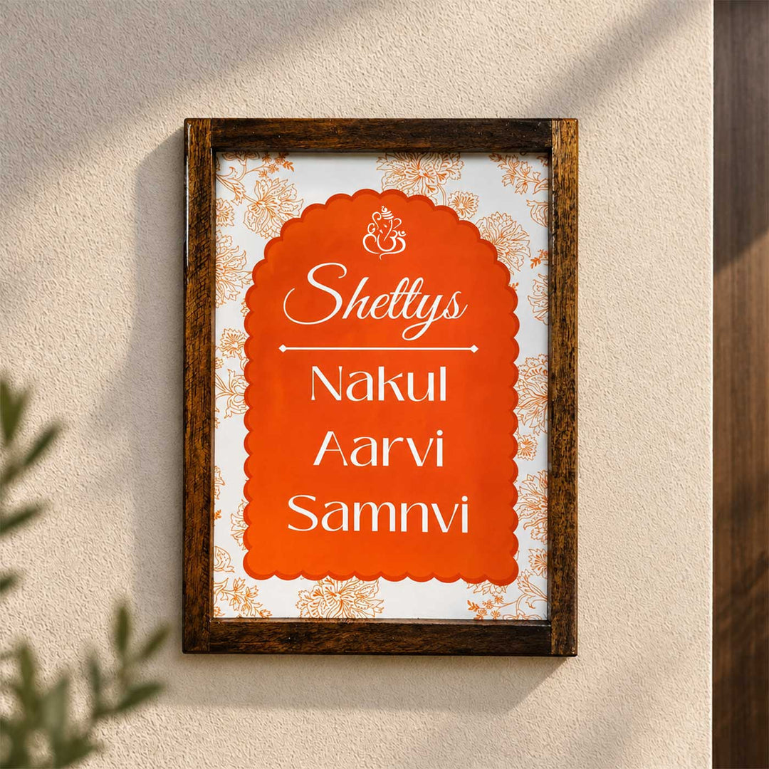 Rustic Orange Vintage Personalized Resin & Teak Wood Frame Name Plate For Home