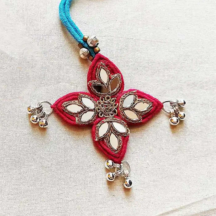 Handmade Mirror Work Lotus Silk Lumba Rakhi for Bhabhi With Roli Chawal