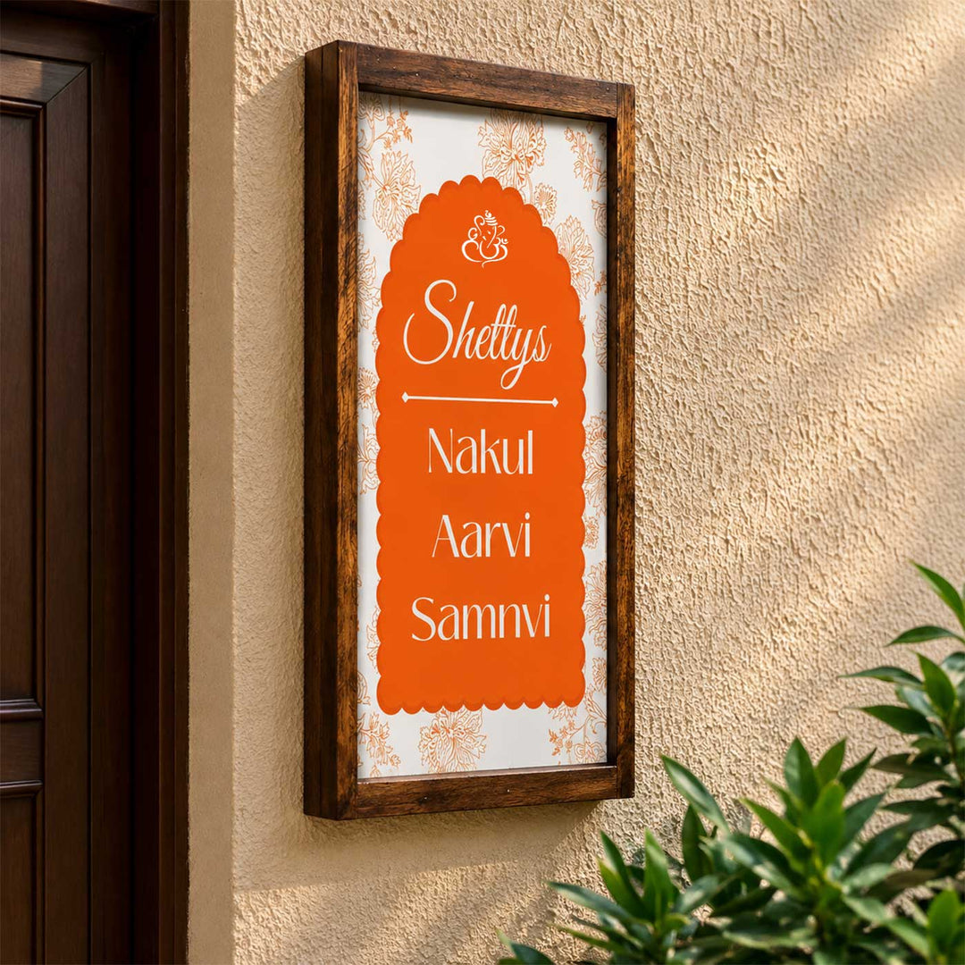 Rustic Orange Vintage Personalized Resin & Teak Wood Frame Name Plate For Home