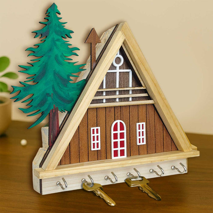 Hut And Tree Theme Wooden Key Holder | With 6 Hooks