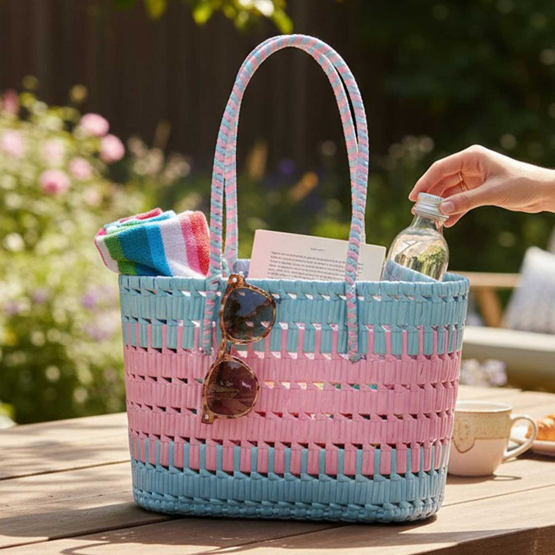 Handmade Traditional Plastic Tape Wire Pink And Light Blue Koodai Lunch Bag