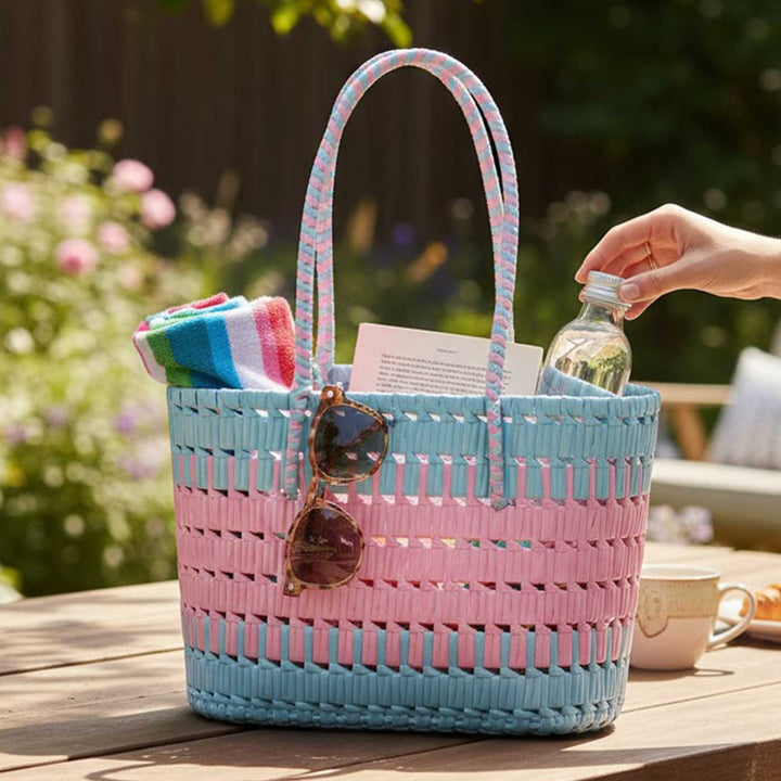 Handmade Traditional Plastic Tape Wire Pink And Light Blue Koodai Lunch Bag