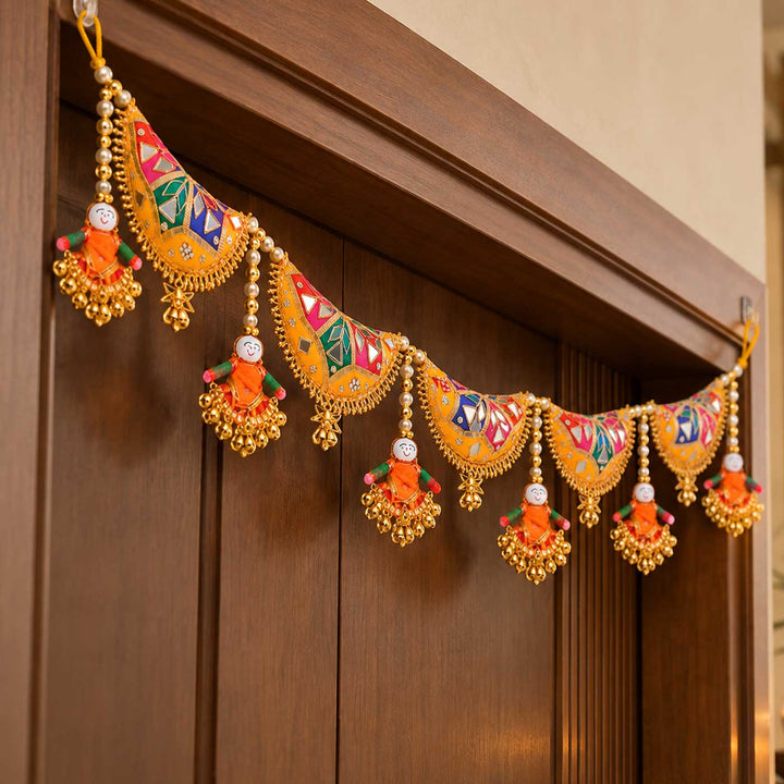 42 Inch | Handcrafted Puppet Gota Patti Silk Toran With Pearls & Ghungroo - Yellow