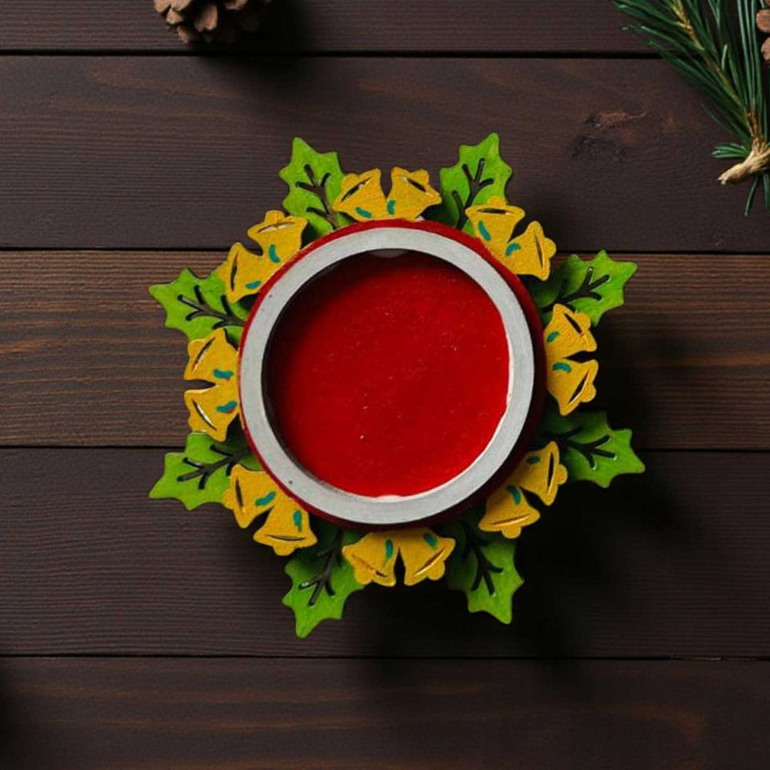 Hand-Painted Bell Theme Wooden Tealight Holder For Christmas Decoration