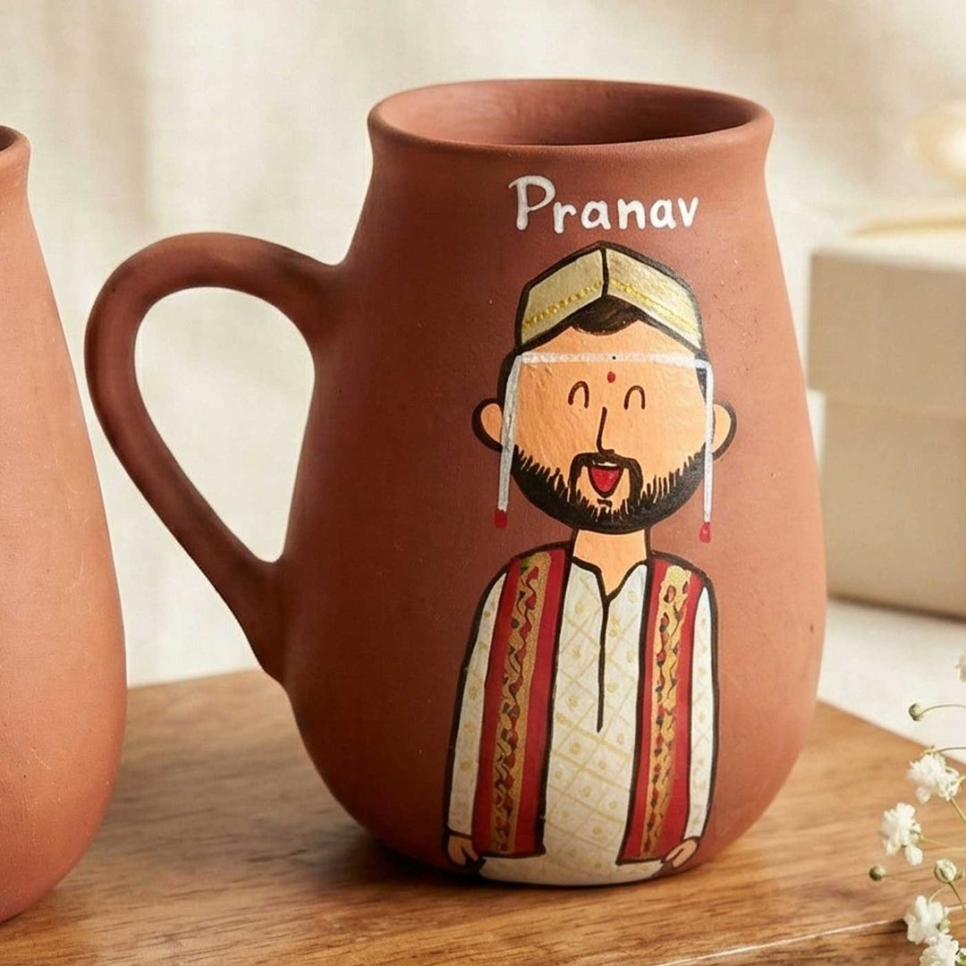 2 Pc | Gujarati Couple Personalized Handpainted Terracotta Mug | 450 ml