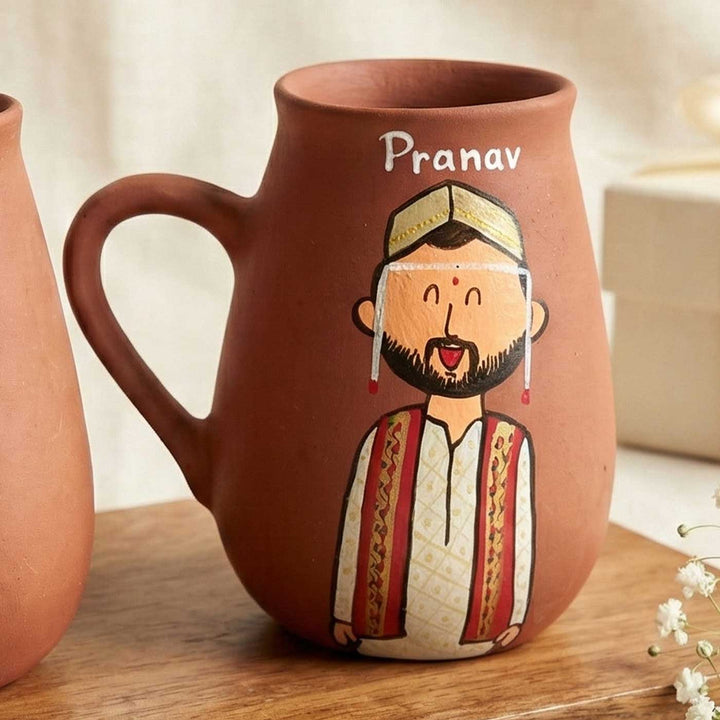 2 Pc | Gujarati Couple Personalized Handpainted Terracotta Mug | 450 ml