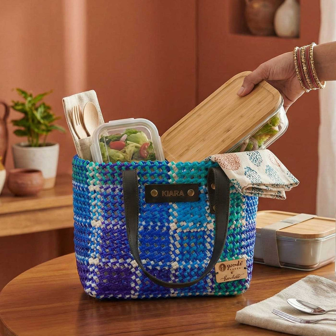 Blue Checks Mukhya Knot Handmade Small Koodai Bag