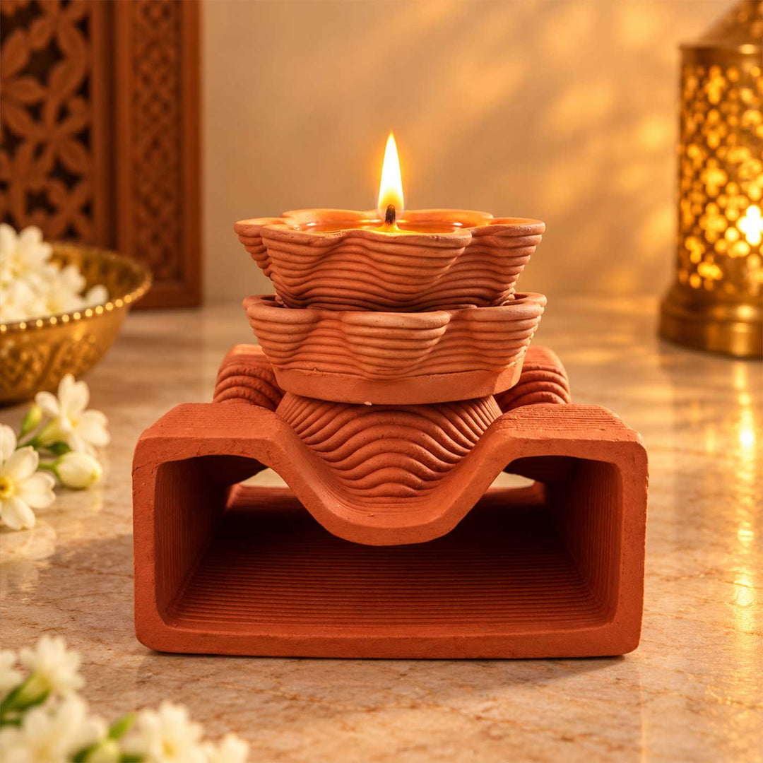 3D Printed Terracotta Diya With Base Stand For Pooja Decor