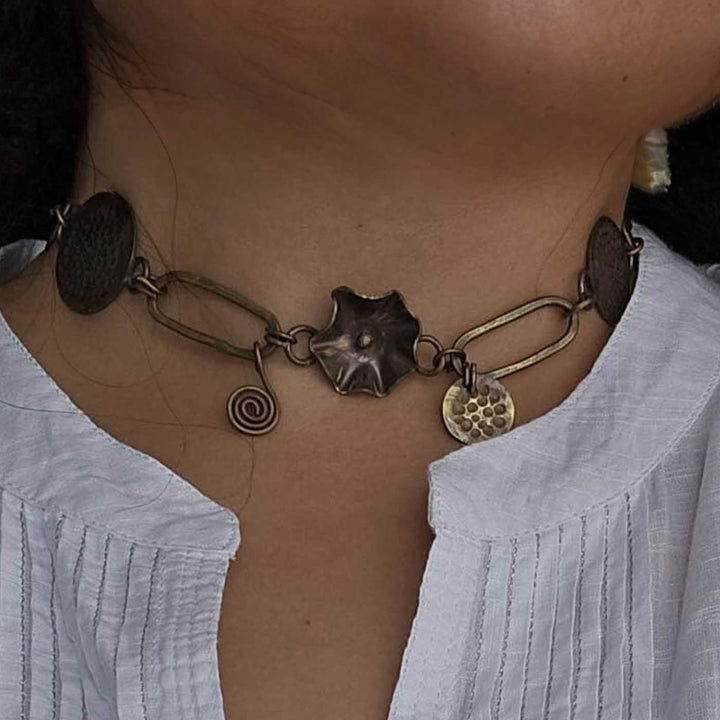 Handmade Lotus Design Choker Brass Necklace