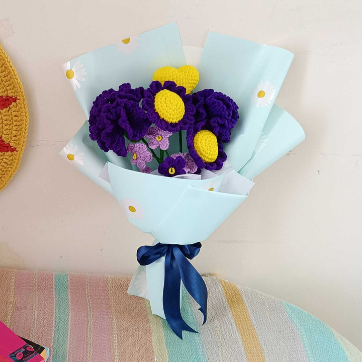 Handmade Crochet Whispering Violets Theme Flower Bouquet With Lights