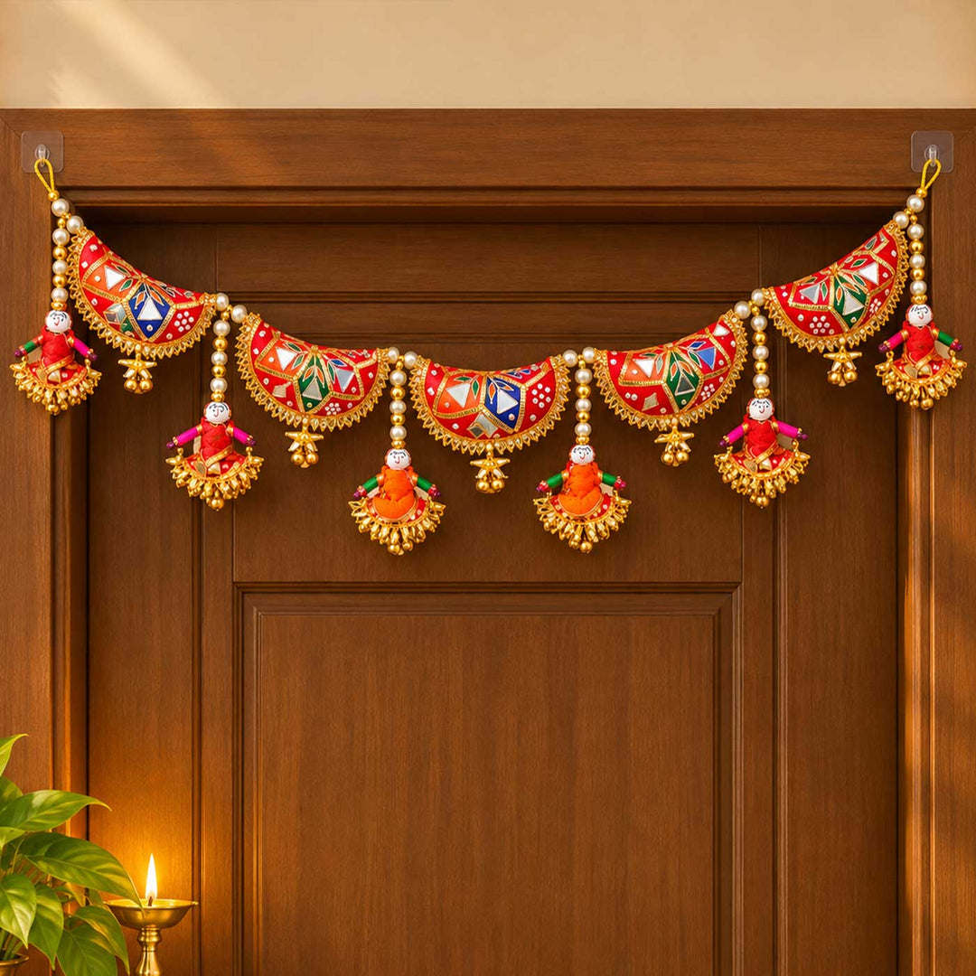 42 Inch | Handcrafted Puppet Gota Patti Silk Toran With Pearls & Ghungroo - Orange