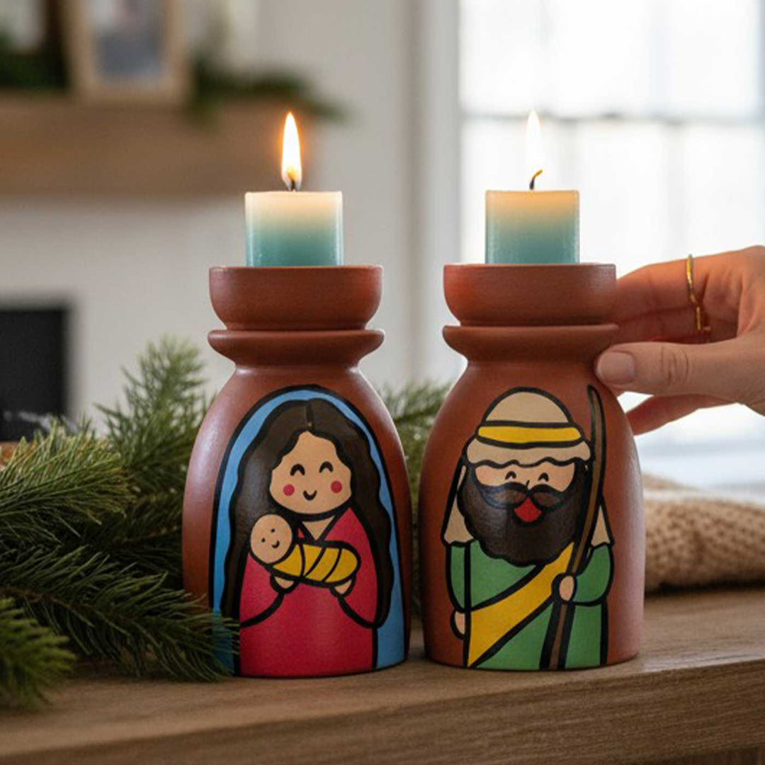 Hand-Painted Mother Mary And Joesph Terracotta Candle Holders For Christmas Decoration | Set Of 2