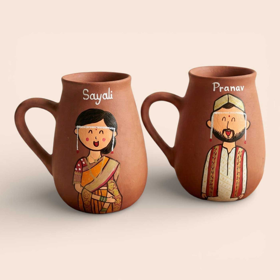 2 Pc | Gujarati Couple Personalized Handpainted Terracotta Mug | 450 ml