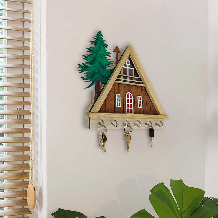 Hut And Tree Theme Wooden Key Holder | With 6 Hooks