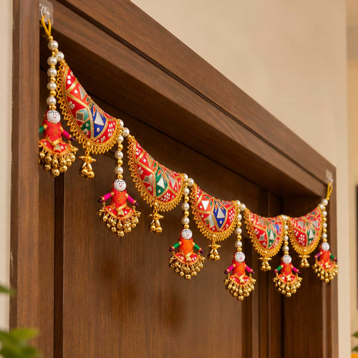 42 Inch | Handcrafted Puppet Gota Patti Silk Toran With Pearls & Ghungroo - Orange