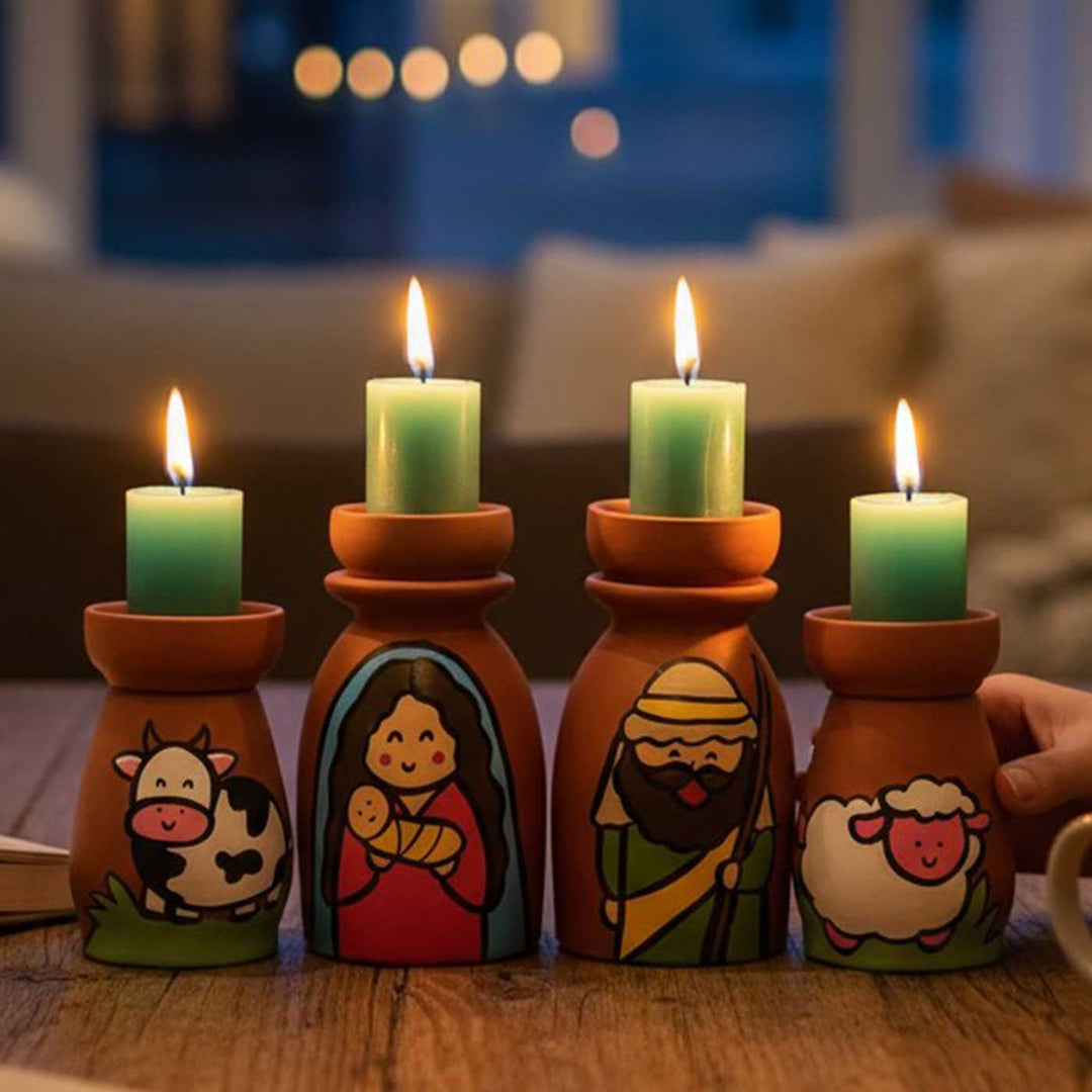 Hand-Painted Nativity Terracotta Candle Holders For Christmas Decoration | Set Of 4