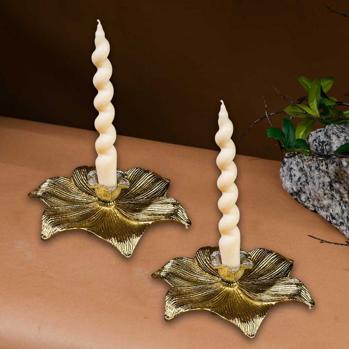 Handmade Golden Elysian Lotus Metal Candle Holder For Christmas Table Decoration | Set Of 2