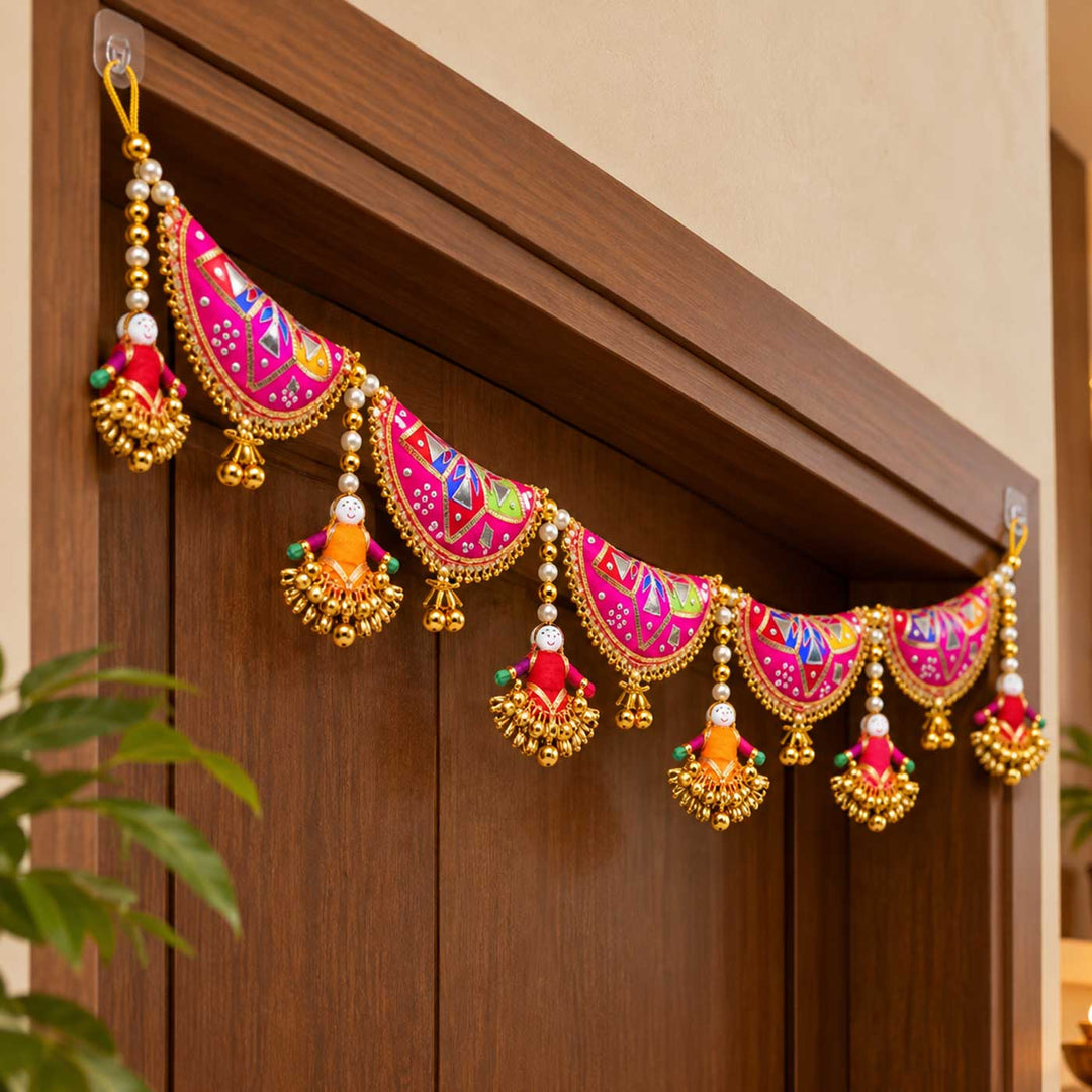 42 Inch | Handcrafted Puppet Gota Patti Silk Toran With Pearls & Ghungroo - Rani Pink