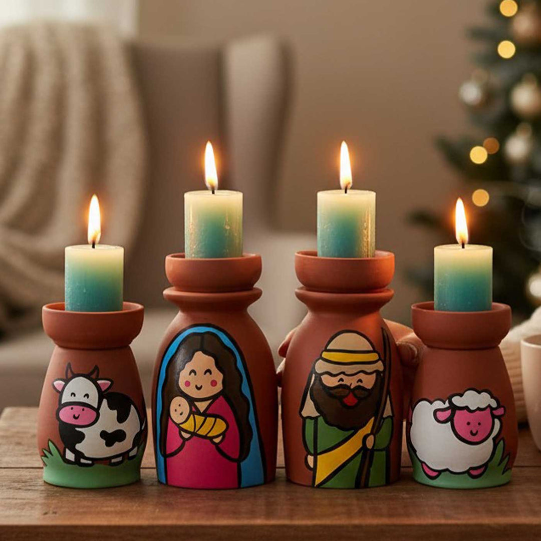Hand-Painted Nativity Terracotta Candle Holders For Christmas Decoration | Set Of 4