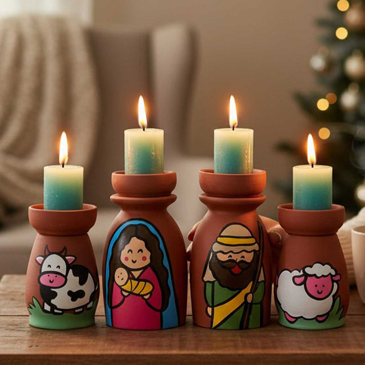 Hand-Painted Nativity Terracotta Candle Holders For Christmas Decoration | Set Of 4