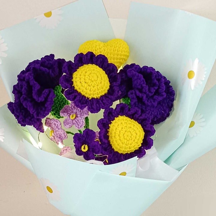 Handmade Crochet Whispering Violets Theme Flower Bouquet With Lights