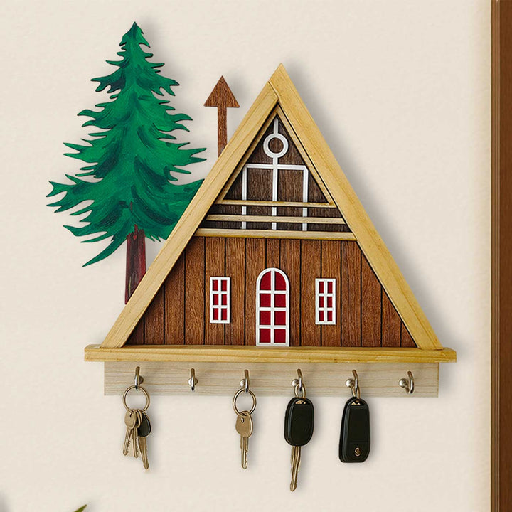 Hut And Tree Theme Wooden Key Holder | With 6 Hooks