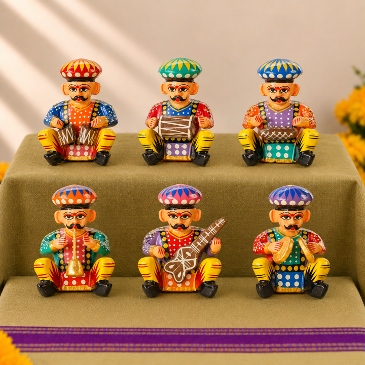 Set of 6 | Handmade Musical Men Wooden Golu Doll Toys For Festive Decor