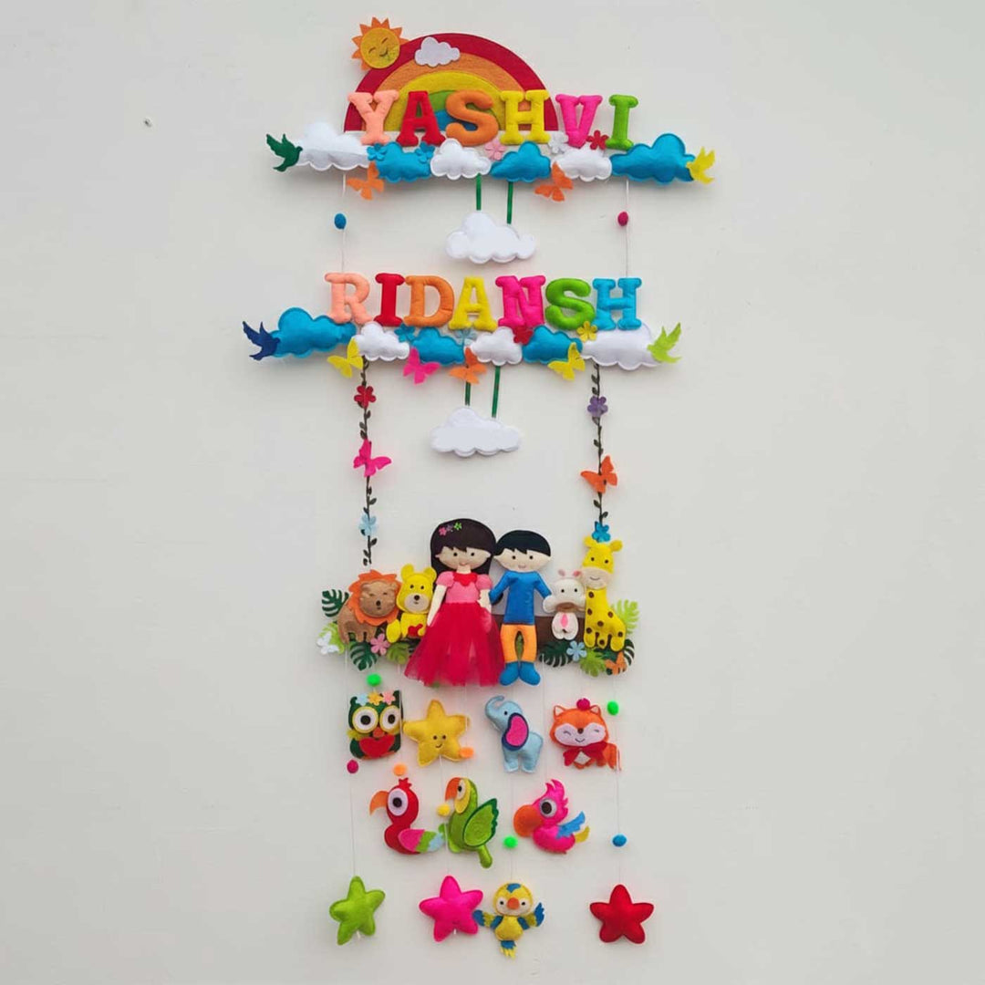 Personalized Rainbow & Jungle Theme Felt Kids Name Plate For Siblings