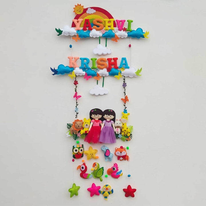 Personalized Rainbow & Jungle Theme Felt Kids Name Plate For Siblings