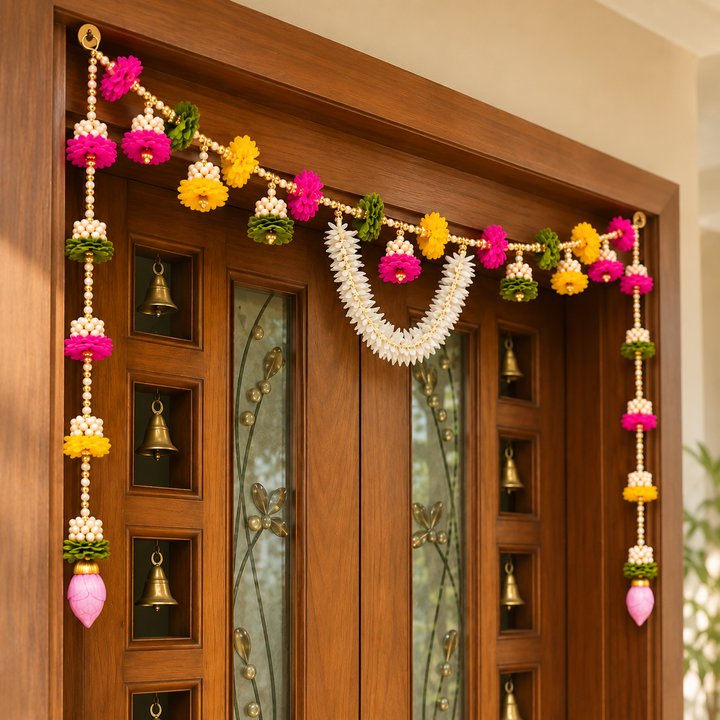 Handmade Multi-Color Tissue Flower Toran With Side Hangings