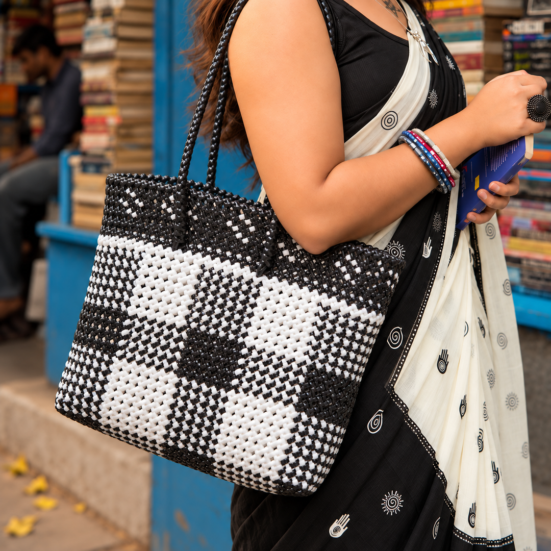 "The OG Checks" Black & White Handmade Wire Koodai Tote Bag