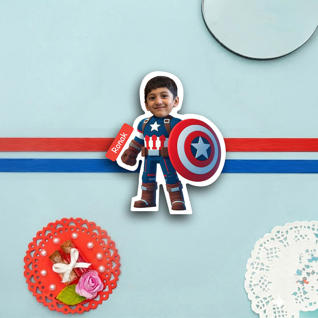 Photo Personalized Handmade Reusable Caricature Captain America Mdf Wood Kids Rakhi With Roli Chawal