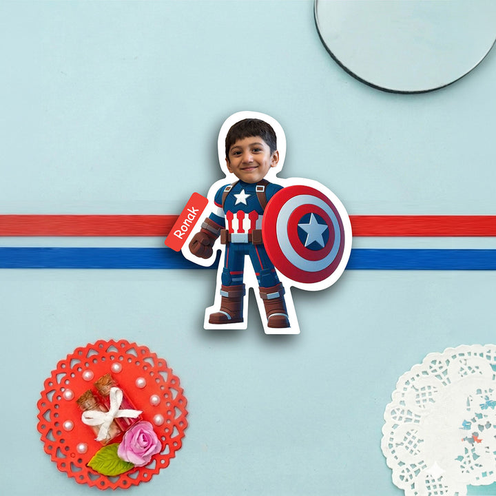 Photo Personalized Handmade Reusable Caricature Captain America Mdf Wood Kids Rakhi With Roli Chawal