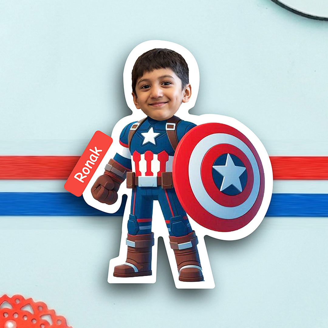 Photo Personalized Handmade Reusable Caricature Captain America Mdf Wood Kids Rakhi With Roli Chawal